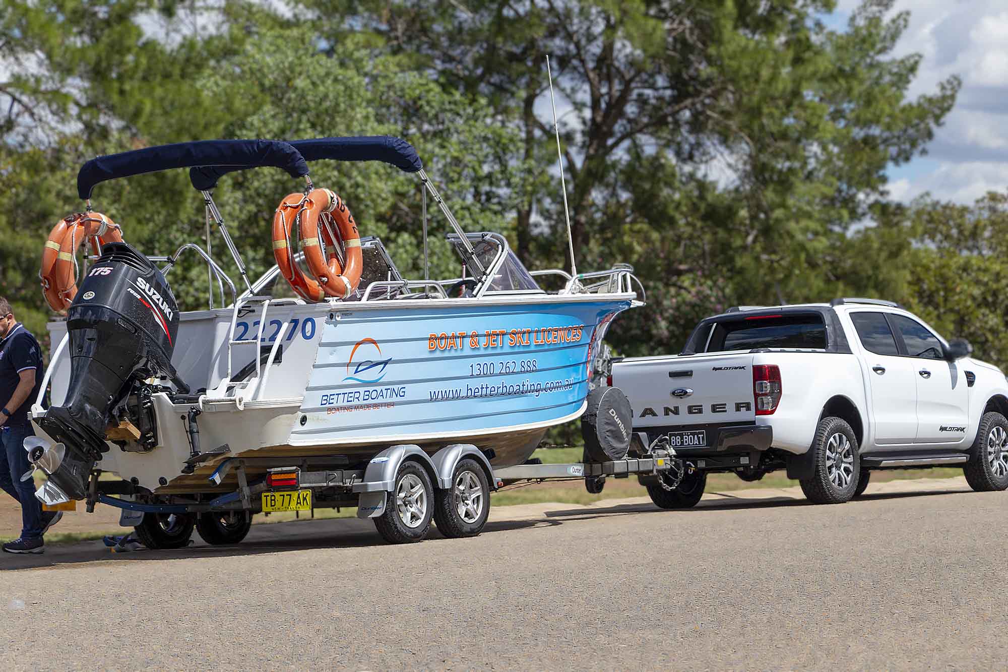 An ABC Vessel on a trailer, parked in the Ermington Boat Ramp carpark during a NSW Boat Licence Course at West Ryde